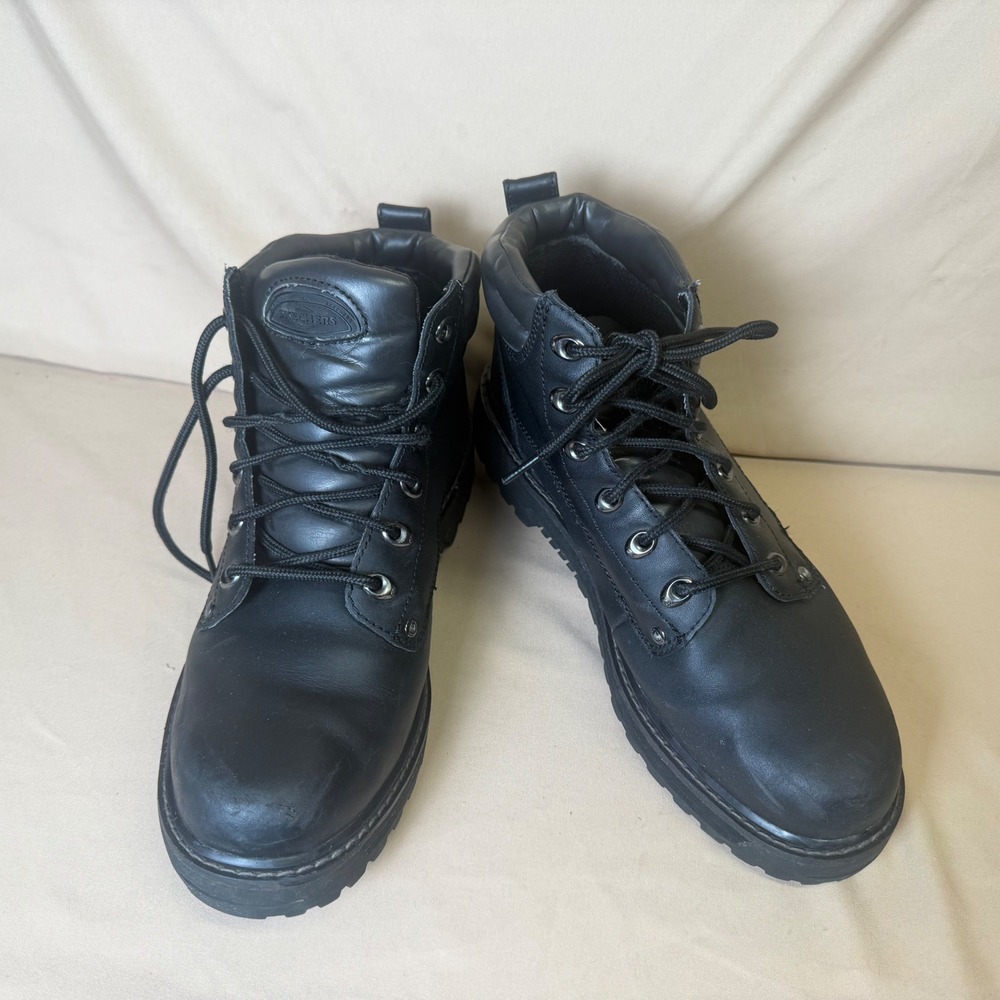 Skechers Men Black Leather Work Boots SN 4473 Lace Up Utility Shoes Size 11.5